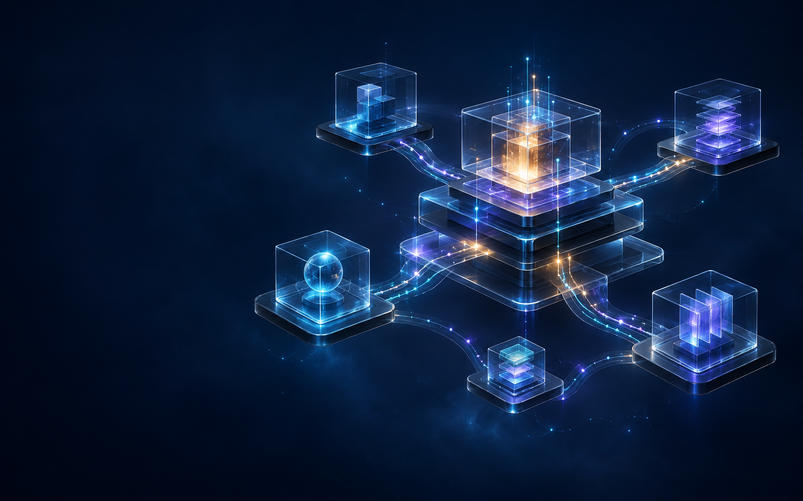 Abstract connected modules representing the SIM Digital Labs product ecosystem